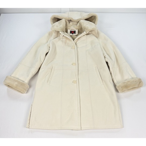 Medium Jackets & Blazers - Vintage Gallery Women's Medium Faux Suede Shearling Fur Hooded Coat Cream Jacket